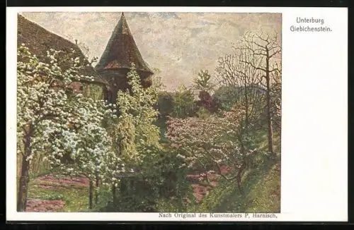 Künstler-AK Halle / Saale, Unterburg Giebichenstein, Gartenansicht im Frühling