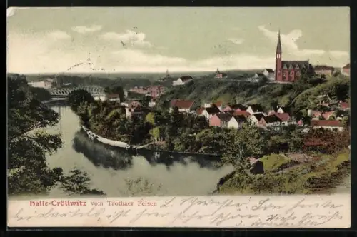 AK Halle-Cröllwitz, Blick vom Trothaer Felsen auf Saale, Kirche und Brücke