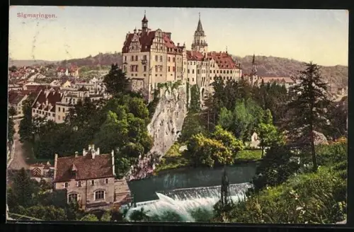 AK Sigmaringen, Schloss Sigmaringen, Stadtansicht, Fluss mit Wehr