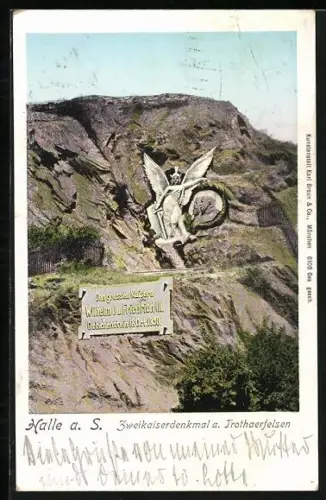 AK Halle a. S., Zweikaiserdenkmal am Trothaerfelsen