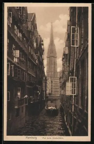 AK Alt-Hamburg, Fleet beim Steckelhörn, Kirchturm im Hintergrund