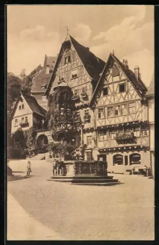 AK Rothenburg ob der Tauber, Marktplatz mit Brunnen und Fachwerkhäusern