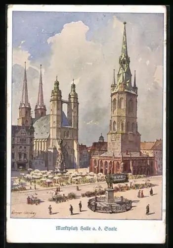 Künstler-AK Halle a. d. Saale, Marktplatz, Roter Turm, Marktkirche
