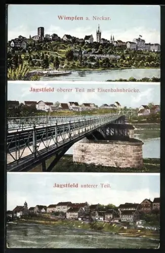 AK Wimpfen a. Neckar, Jagstfeld oberer Teil mit Eisenbahnbrücke, Jagstfeld unterer Teil