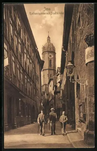 AK Jena, Strassenblick Rathausgasse mit Stadtkirche