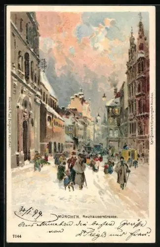 Künstler-AK Karl Heinisch: München, Neuhauserstrasse im Schnee-Neujahrskarte