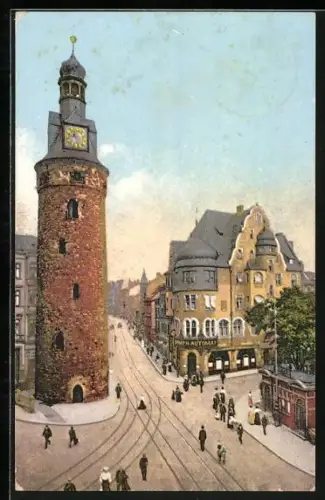 AK Halle / Saale, Blick in die Leipzigerstrasse mit Leipziger Turm
