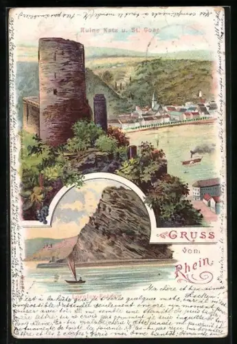 AK St. Goar, Ruine Katz u. St. Goar, Loreley Felsen
