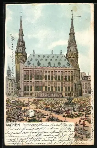 Lithographie Aachen, Marktplatz mit Rathaus