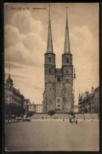 AK Halle a. S., Marienkirche mit Strassenpartie