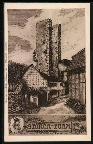 Künstler-AK Einbeck, Storch-Turm mit Strassenpartie