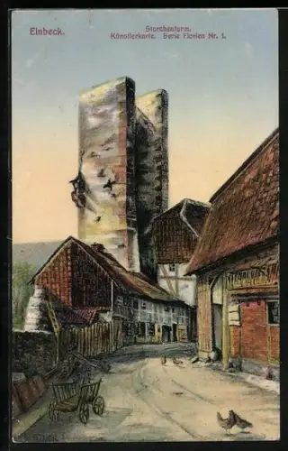 Künstler-AK Einbeck, Storchenturm mit Strassenpartie