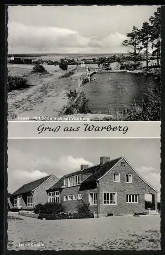 AK Warberg, Feuer- und Badeteich mit Teilansicht, Neue Schule