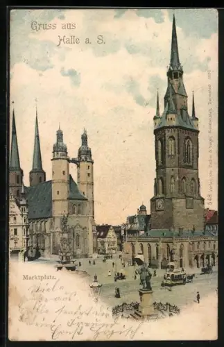 AK Halle a. S., Strassenpartie mit Kirche und Strassenbahn