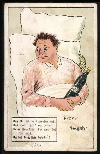 AK Prosit Neujahr, Dass Du recht bald wirst genesen..., Kranker mit Flache Cognac und Glupschaugen