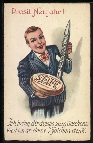 AK Prosit Neujahr, Mann bringt Seife als Geschenk, Scherz