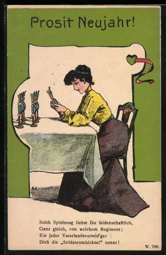 AK Frau spielt mit Spielzeugsoldaten, frauenfeindlicher Humor