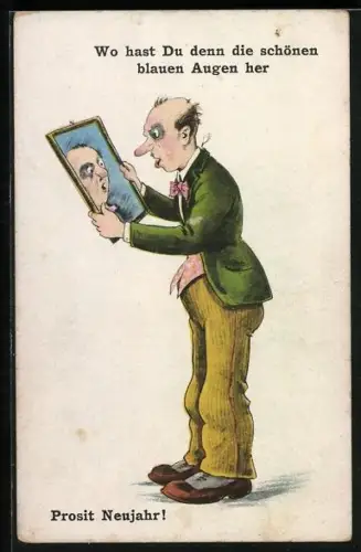 AK Ein Mann mit Veilchen blickt in einem Spiegel, Scherz Wo hast du denn die schönen blauen Augen her