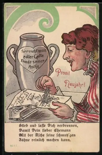 AK Frau streut die Asche ihres Mannes auf einen Brief, frauenfeindlicher Humor, Neujahr