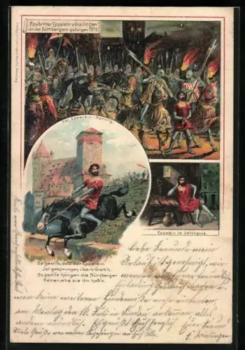 Lithographie Nürnberg, Raubritter Eppelein v. Gailingen gefangen 1372, Sprung, Gefangnis