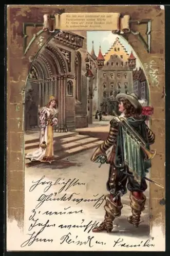 Lithographie Trompeter von Säckingen und Geliebte auf Kirchentreppe