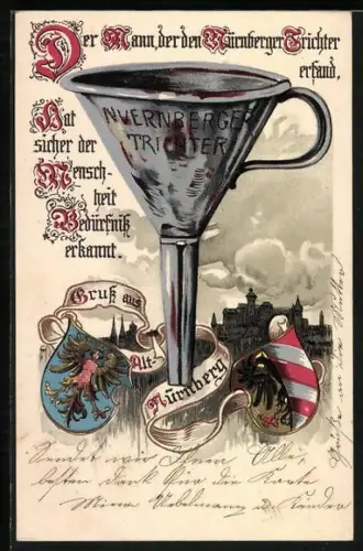 Künstler-AK Nürnberg, Nürnberger Trichter mit Stadt im Hintergrund, Wappen