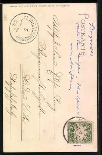 Künstler-AK Nürnberg, Nürnberger Trichter mit Stadt im Hintergrund, Wappen