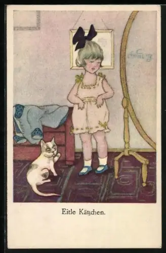 Künstler-AK Brüder Kohn (B.K.W.I) Nr. 238-4: Eitle Kätzchen, Mädchen und Katze