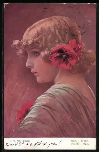 Künstler-AK Camil Vladislav Muttich: Mohn, Mädchen mit Blumen im Haar