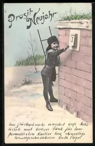 AK Mädchen als Schornsteinfeger wünscht Prosit Neujahr