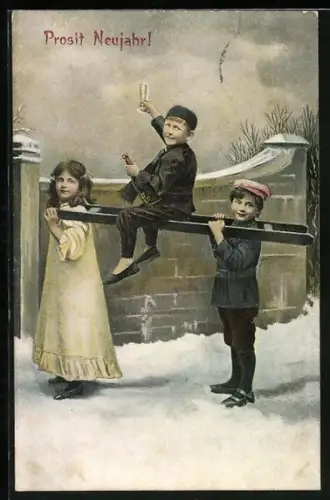 AK Kinder tragen auf der Leiter einen Schornsteinfeger, Neujahr