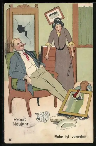 AK Frau sieht entsetzt das Chaos, was ihr Mann Neujahr angerichtet hat