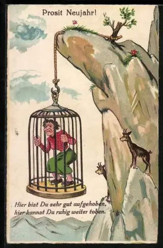 AK Hier bist du sehr gut aufgehoben..., Frau im Käfig von der Felsklippe hängend