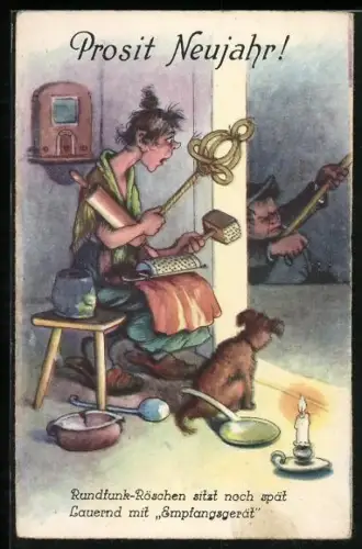 AK Ehefrau wartet mit Teppich- und Fleischklopfer auf heimkehrenden Ehemann, Neujahrsgruss