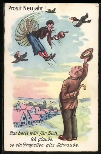 Künstler-AK Frau fliegt mit einem Propeller davon, Prosit Neujahr