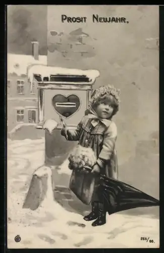 AK Prosit Neujahr, kleines Mädchen wirft einen Brief in den Briefkasten