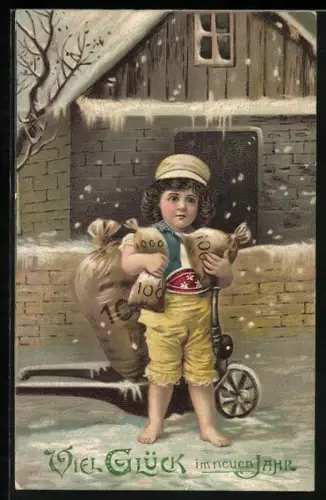 Künstler-AK Viel Glück im neuen Jahr, Knabe mit Geldsäcken