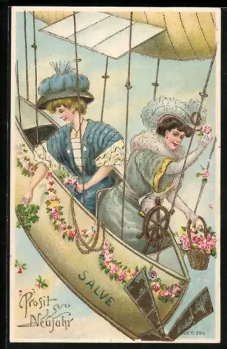 AK Neujahrsgrüsse, Edle Damen beim Abwerfen von Kleeblättern und Rosenblüten vom Bord eines Zeppelins aus