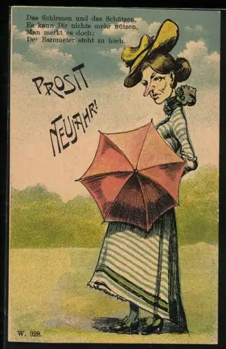 Künstler-AK Frau mit rotem Schirm, Prosit Neujahr