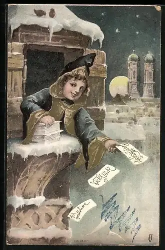 Lithographie Münchner Kindl verstreut Glückwünsche über der Stadt