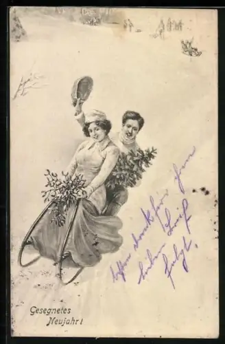 AK Gesegnetes Neujahr, Paar fährt mit einem Schlitten den Hang hinab