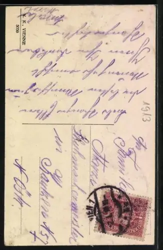 AK Gesegnetes Neujahr, Paar fährt mit einem Schlitten den Hang hinab