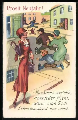 AK Männer flüchten vor Frau, Man kann`s versteh`n dass jeder flieht, wenn man Dich Schreckgespent nur sieht.