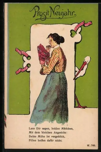 AK Naschende Frau mit Storch