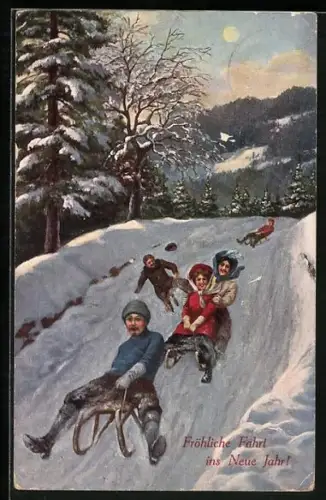 AK Männer und Frauen auf Schlitten, Neujahr
