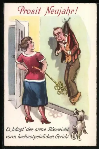 AK Bittender Mann hängt mit dem Kragen am Haken, Frau mit Teppichklopfer steht drohend vor ihm