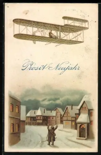 AK Ein frohes Neujahr, einfältiger Nachtwächter erschrickt vor einem Flugzeug