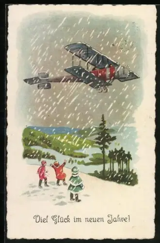 Künstler-AK Kinder blicken im Schnee zu einem Flugzeug auf, Viel Glück im neuen Jahre