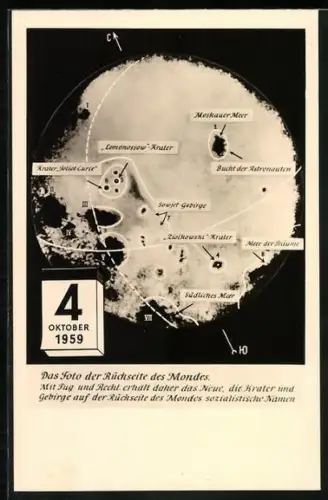 AK Rückseite des Mondes mit Moskauer Meer, Sowjet-Gebirge und Meer der Träume, 1959