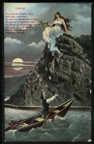 AK Loreley auf dem Felsen mit Harfe wird von Jüngling im Boot angesprochen